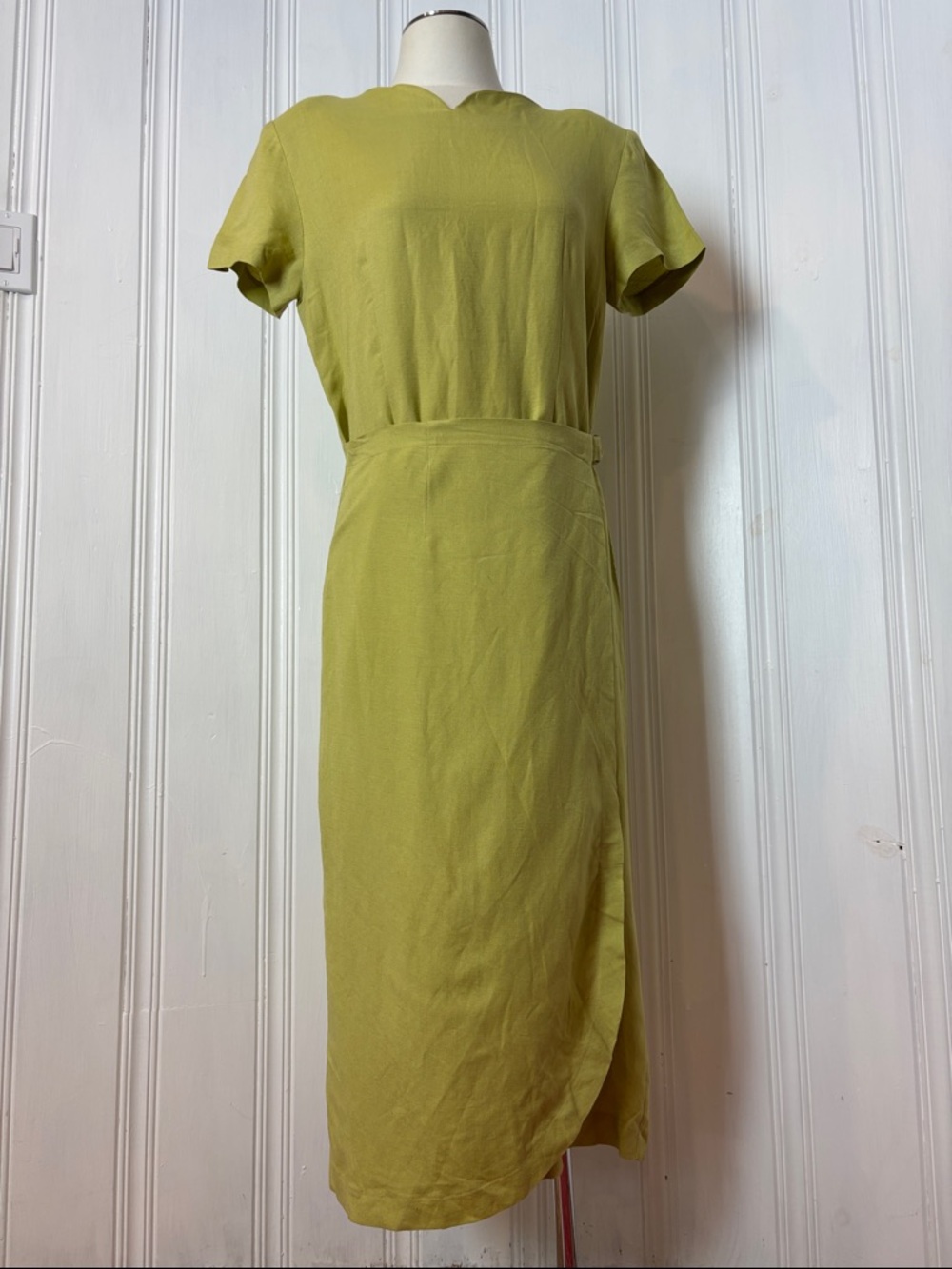 Vintage NY SAKE Lime Green Linen Blend Midi Dress W/ Wrap Waist – Size 8